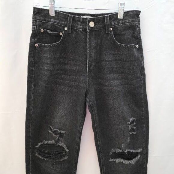 ZGY Rebound Free People Jeans Distressed Black Midrise Relaxed Barrel Leg Sz28 - Picture 2 of 13